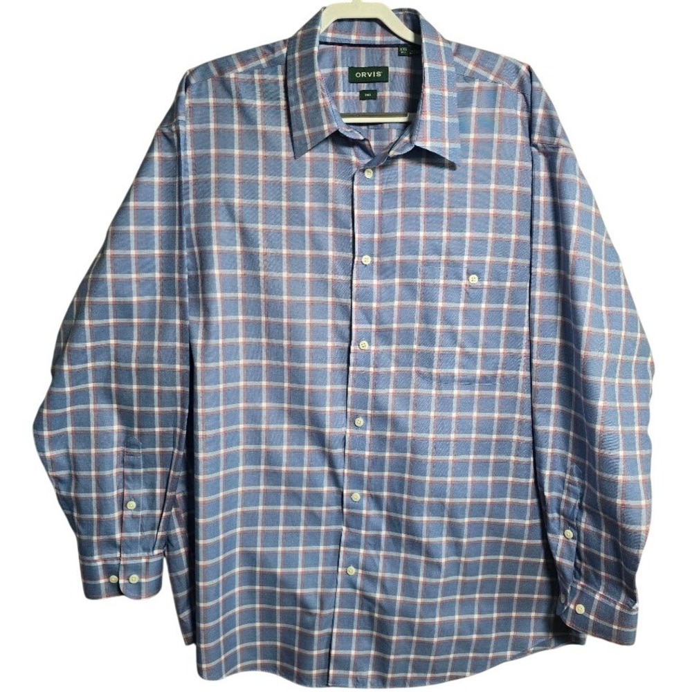Orvis Mens XXL Tall Blue Plaid Wrinkle Free 100% Cotton Long Sleeve Button 606